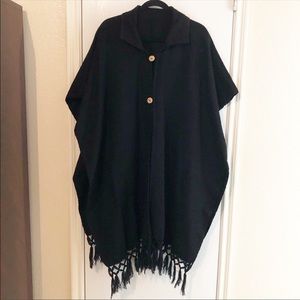 Women Black Knit Poncho Boho Tassel Fringe Hem Cold Weather Popover One Size